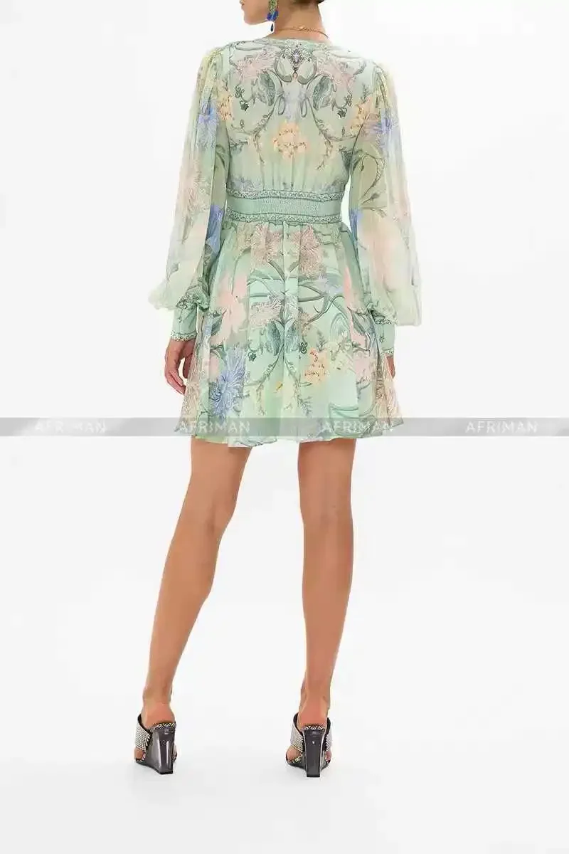 Women Mint Green Retro Print V-neck Crystal Beaded Waist Long Sleeved Princess Silk Mini Dress