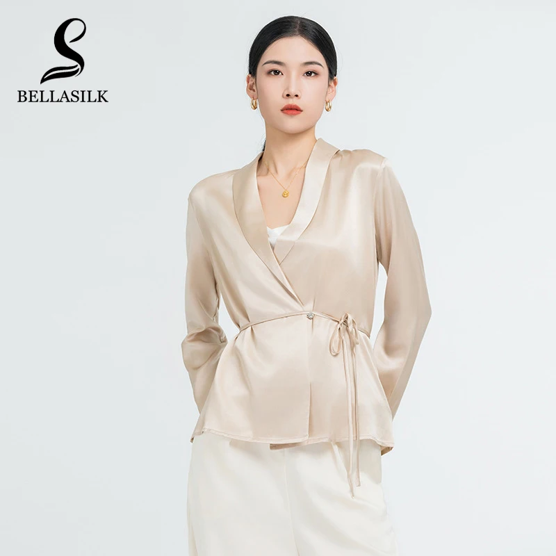 Real Silk Woman Blouses Lace-Up Ladies Tops Women'S Clothes V-Neck Diamond Long Sleeve 22Mm Silk Shirt