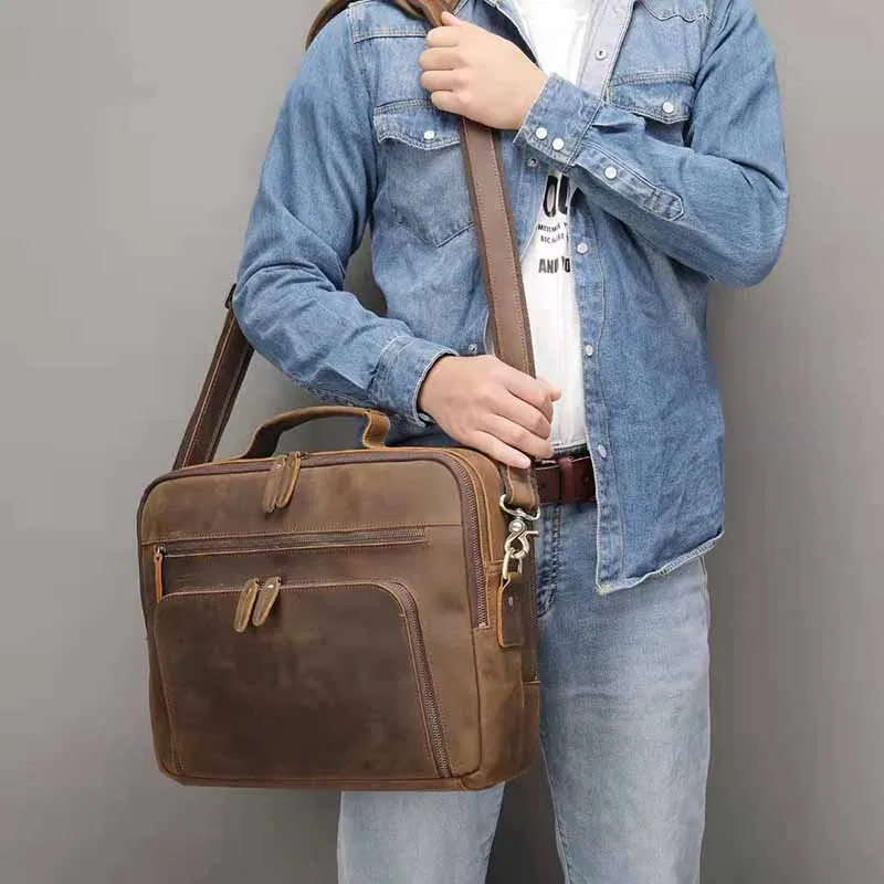 Maleta vintage para homens, cavalo louco, couro genuíno, bolsa portátil de 15,6 ", bolsa de ombro de couro masculino