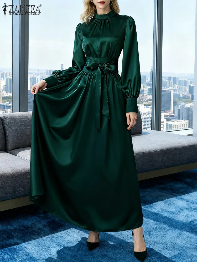 ZANZEA Stylish Waisted Party Dress 2025 Autumn Dreses Elegant Women Long Lantern Sleeve  Robe Solid A Line Satin Long Dresses