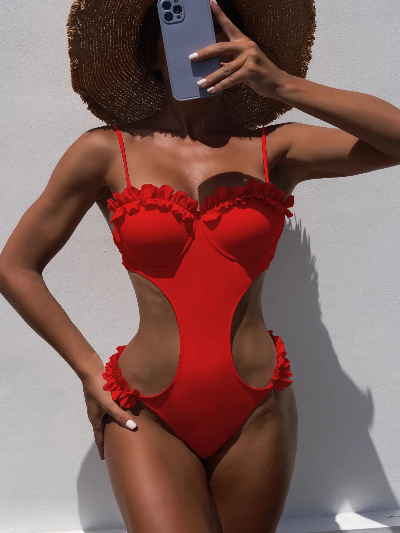 2023 Women Sexy Solid One-piece Swimwear Petal Edge Backless Swimsuit Hard-cup Beachwear Low Waist Bathing Suit