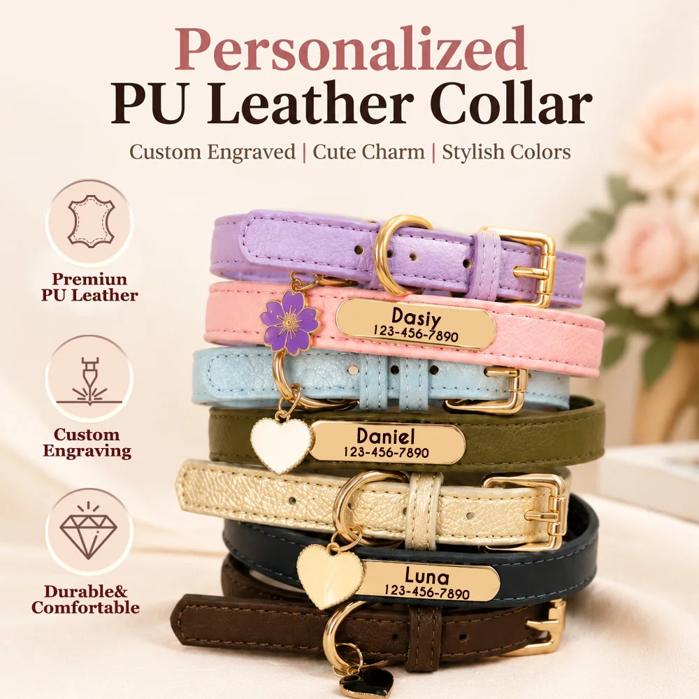 8 Colors Custom Dog Collar Soft PU Leather Puppy Kitten Collars Necklace Free Engraved Pet ID Collars For Small Medium Dogs Cats
