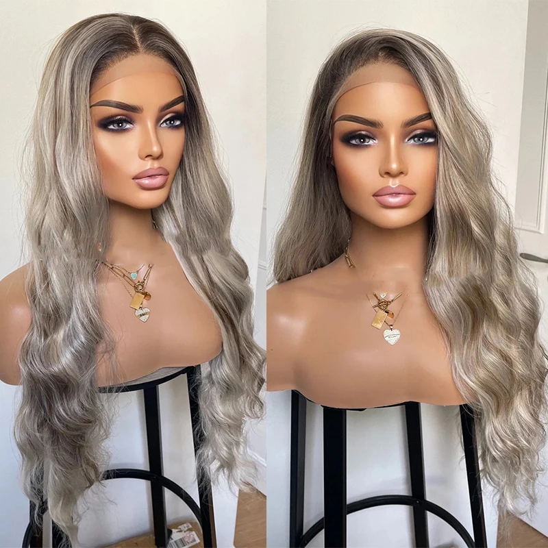 Ombre Ash Blonde With Brown Streaks Synthetic Lace Front Wig Long Wavy 28 Inches Synthetic Wigs For Women Heat Resistant Fibre