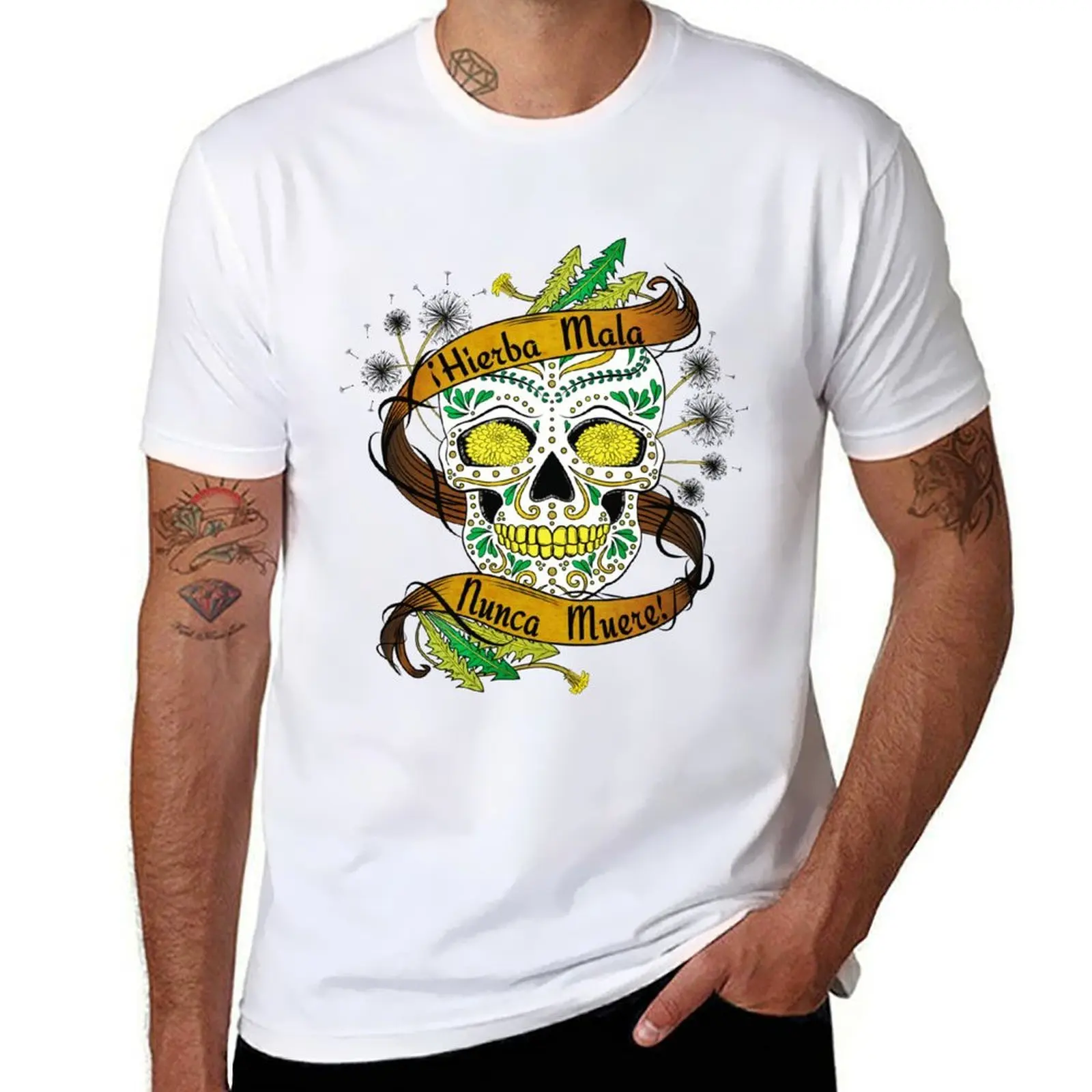 Hierba Mala Nunca Muere Sugar Skull T-Shirt men t shirt cotton 100% t shirt for man t shirt man casual T-Shirt