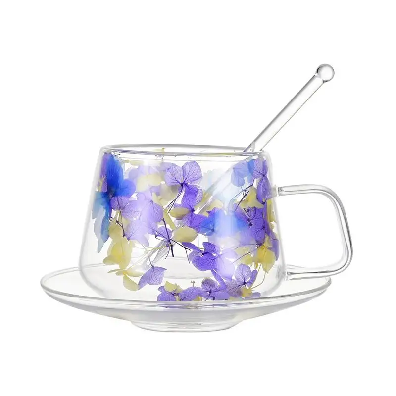 Glass Coffee Cups, Aesthetic Dried Flowers Cup, Double Insulateds Coffee Glass, 250ml Clear Flower Coffee Mug With Handles