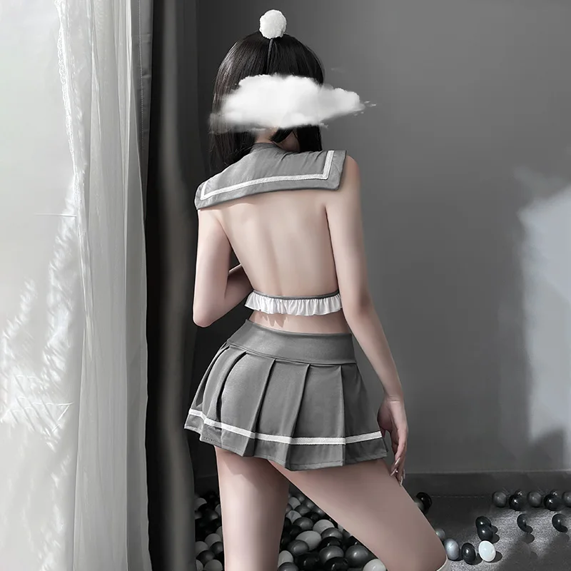 여성용 애니메이션 세일러복 란제리 세트 여학생 코스프레 의상 나비넥타이 크롭탑 러플 주름 치마 섹시 속옷 의상
