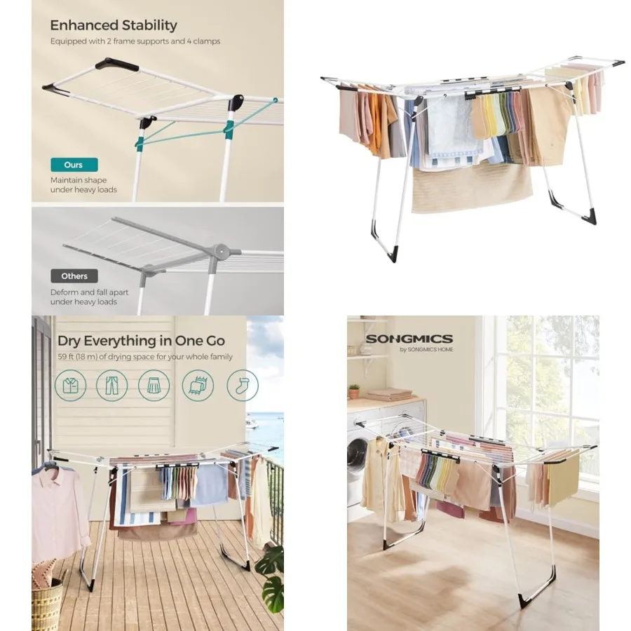 

Clothes Drying Rack Foldable, Gullwing Laundry Drying Rack, Space-Saving, 22.2 x 68.1 x 38 Inch, Sock Clips, Metal Structure, f