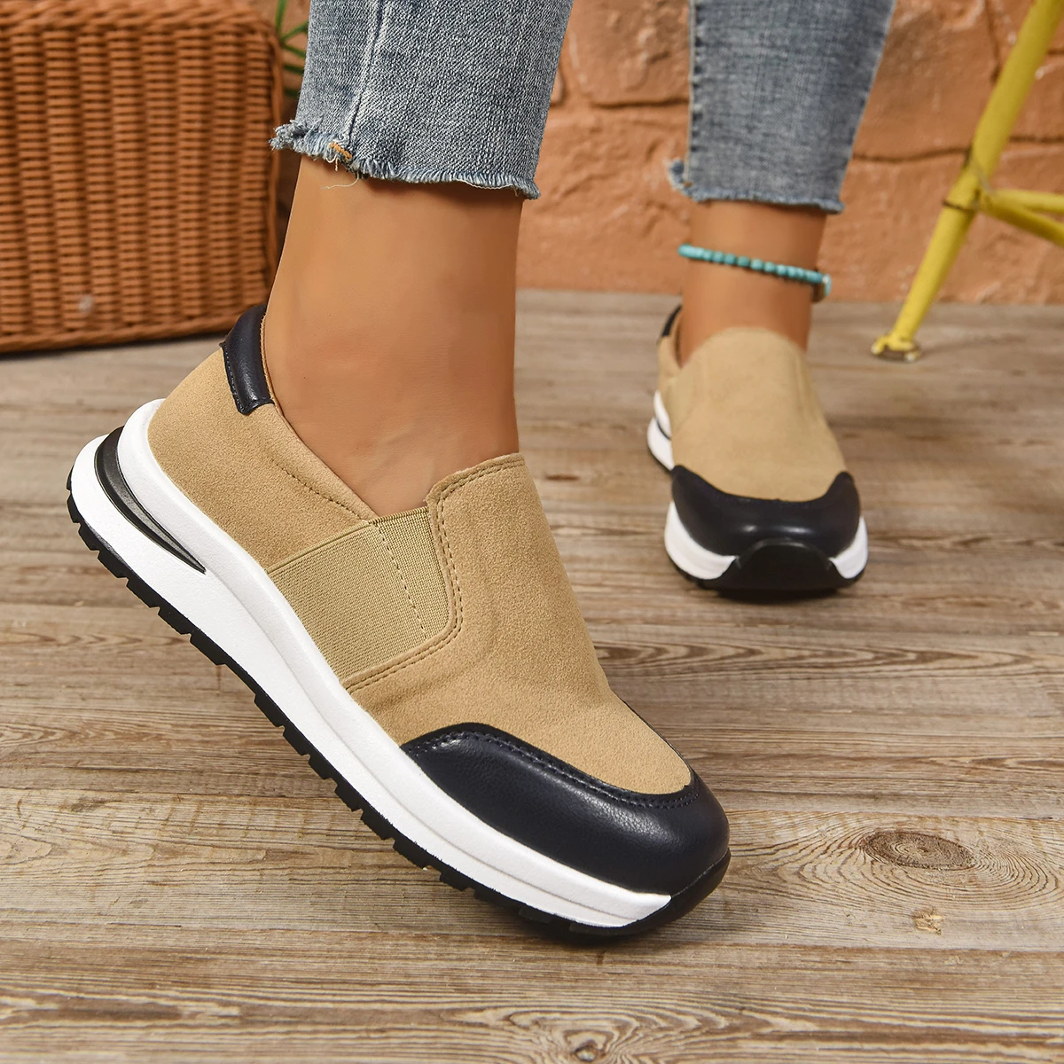 السيدات أحذية مفلكنة الربيع والخريف الترفيه سميكة سوليد جولة الرأس بلون الفم الضحلة أحذية رياضية حجم كبير #1