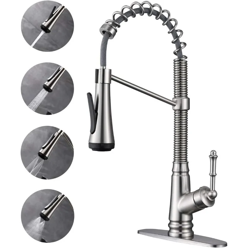 Single Handle Kitchen Sink Faucet with Pull Down Sprayer, Single Level Pull Out Kitchen Faucet, Brushed Nickel