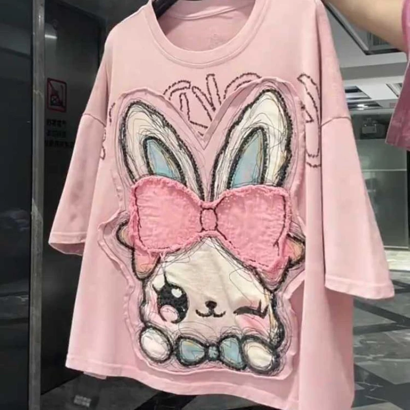 Heavy-duty Fabric Printed Short Sleeved T-shirt for Women 2026 Summer Fashionable Slimming Meat Blocking Versatile Top for Women