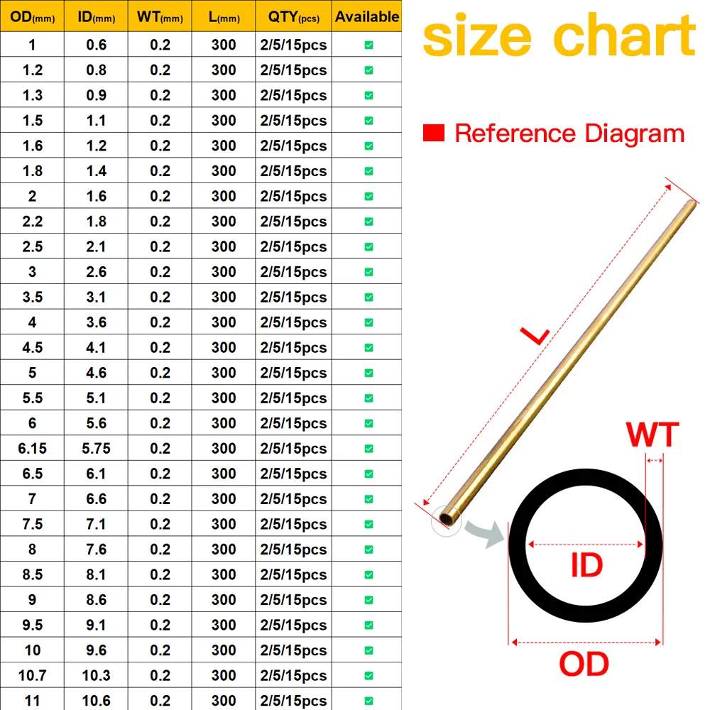 2pcs-15pcs Brass Pipe 0.2mm Wall Thickness 1-11mm OD Brass Tube Straight Tubing Thin-Walled Small Diameter for Small Wholesale