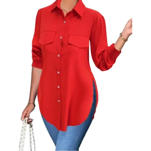 Imagen 1 del producto Camisa de manga larga dividida con solapa de un solo pecho de Color sólido a la moda de otoño para mujer de talla grande