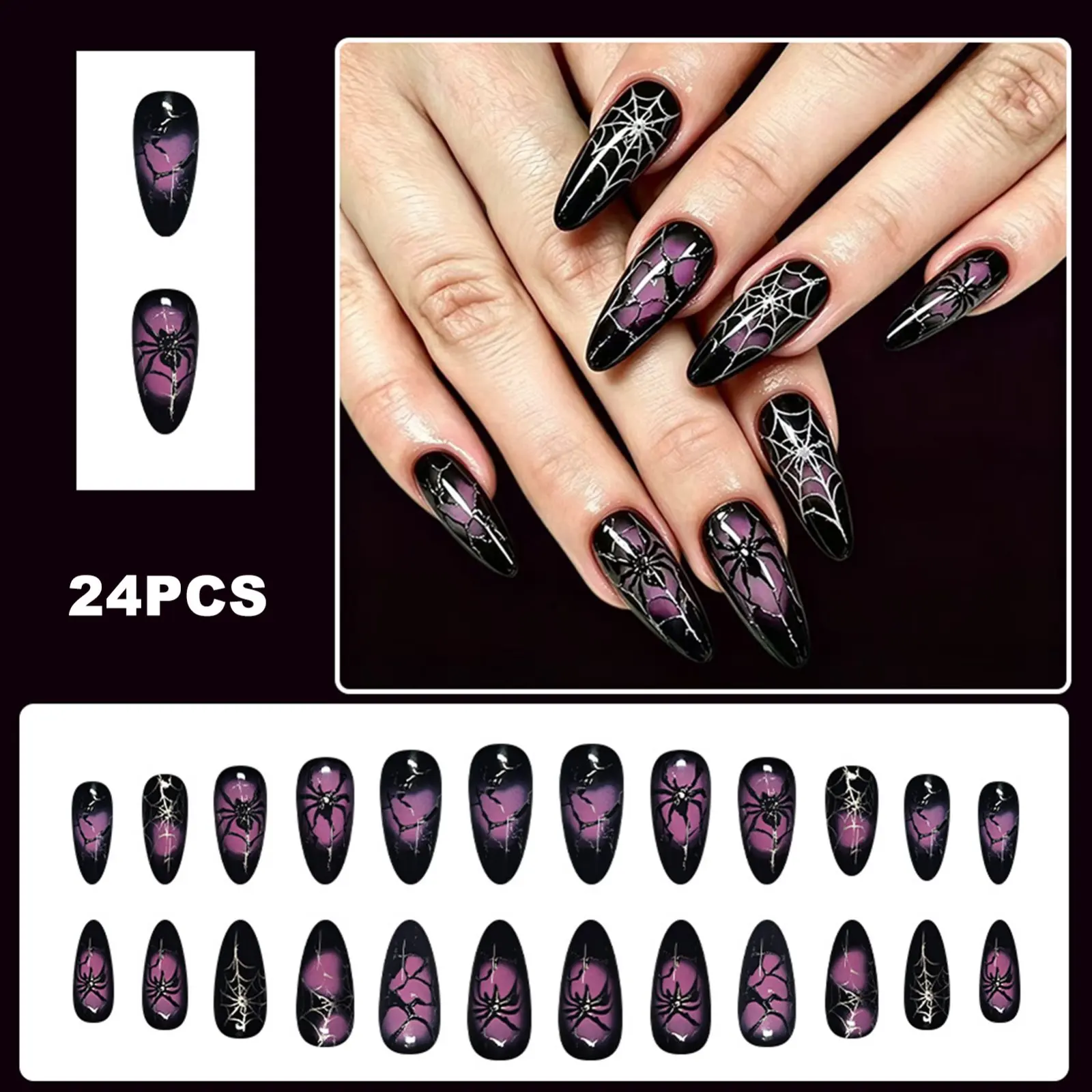 24 Stück Niedliche DIY Aufklebenägel mit Halloween-Geister-Print, Mandelform, Künstliche Nägel für Frauen und Mädchen, für den täglichen Gebrauch und Partys – Detail 13