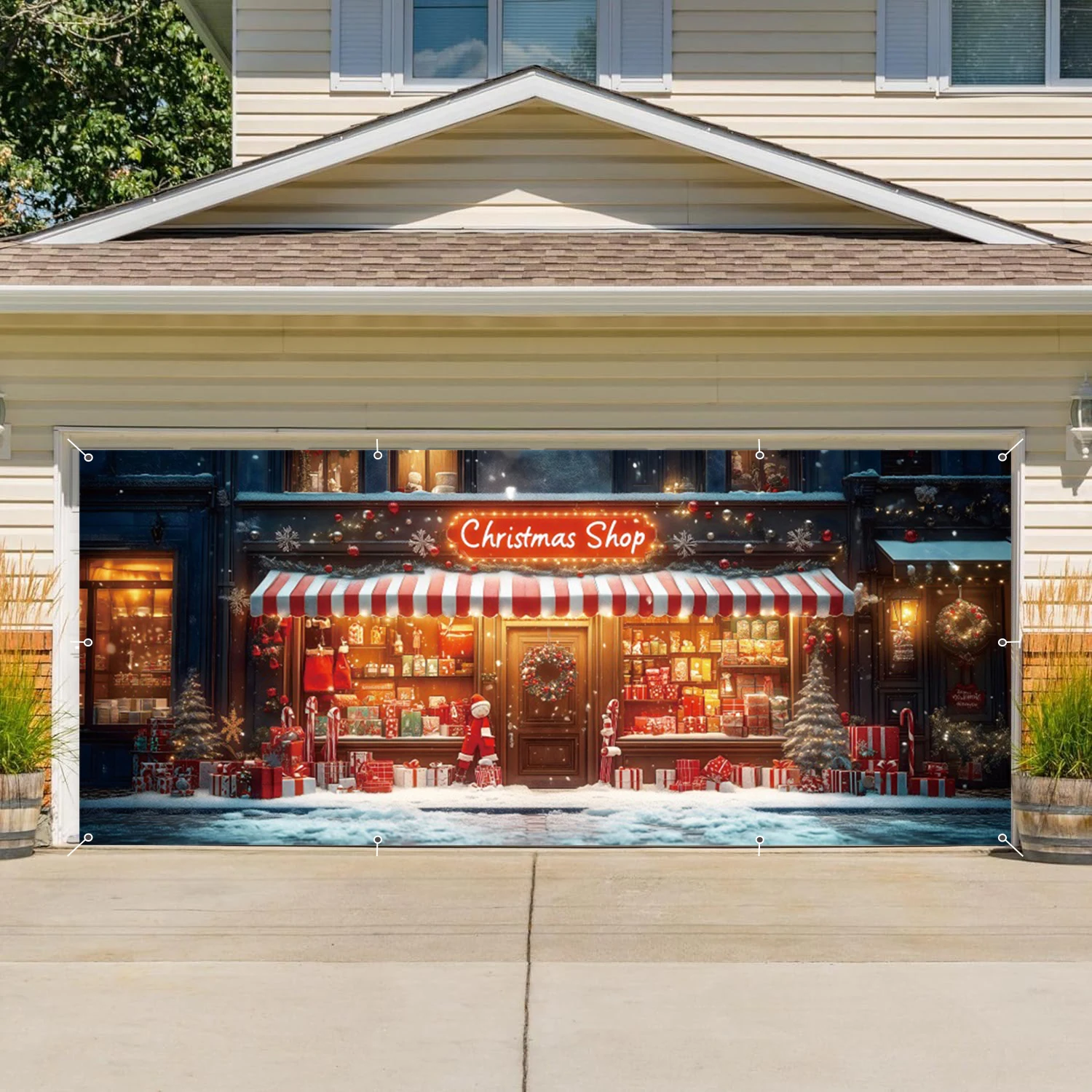 عيد الميلاد متجر المرآب جدار خلفية لافتات الشتاء بريق هدية متجر شجرة عيد الميلاد باب المرآب الإطار للديكور فناء في الهواء الطلق