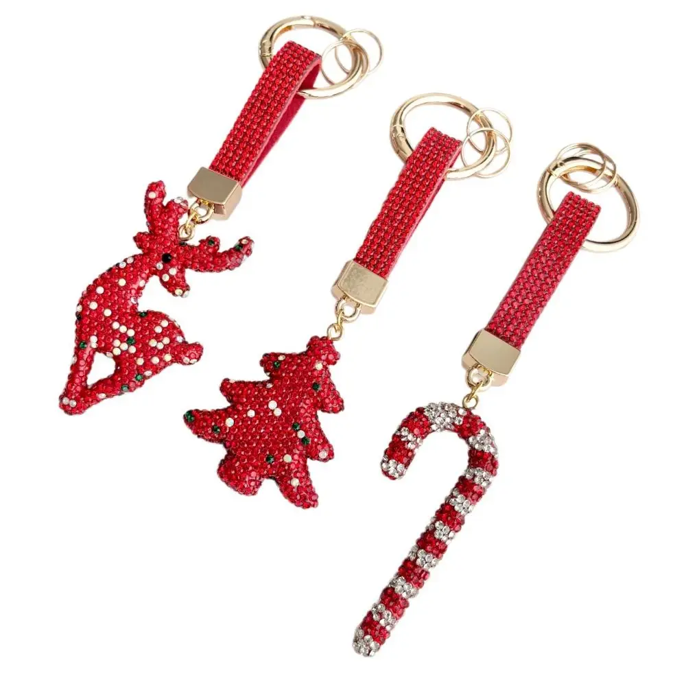 Elk Rhinestone Christmas Keychain Cane Christmas Tree Metal Xmas Pendant DIY Blingbling Santa Claus Keychain Key Bag Decor