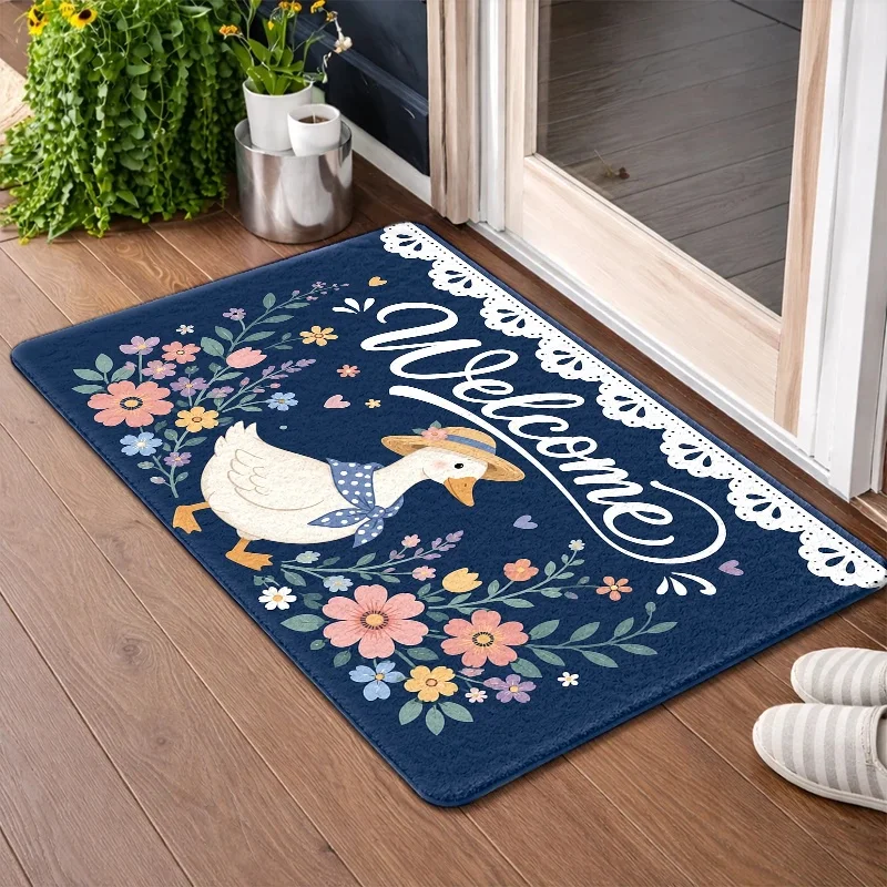 Flannel Floor Mat, Cute Duck and Flower Pattern Floor Mat, Indoor Universal Floor Mat, Entrance Mat, Kitchen, Balcony, Corridor, Office, Bedside, Bathroom