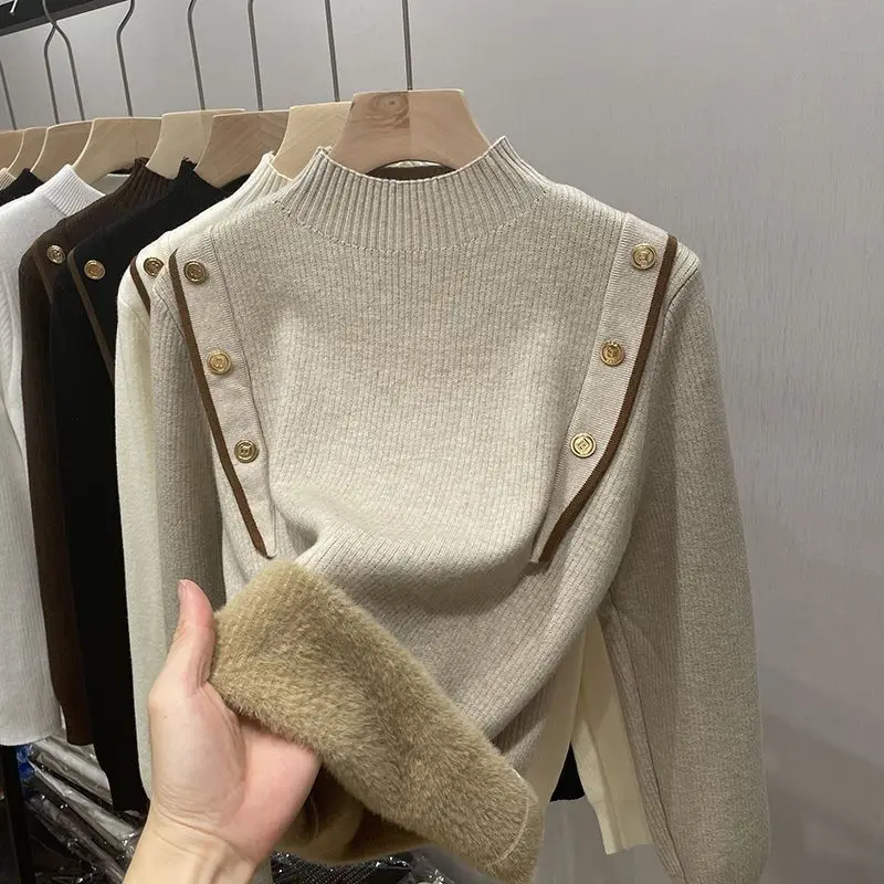 

Retro Elegant Versatile Knitted Sweater Simple Commuting Autumn Winter Sweater Half Turtle Collar Velvet Thickened Top