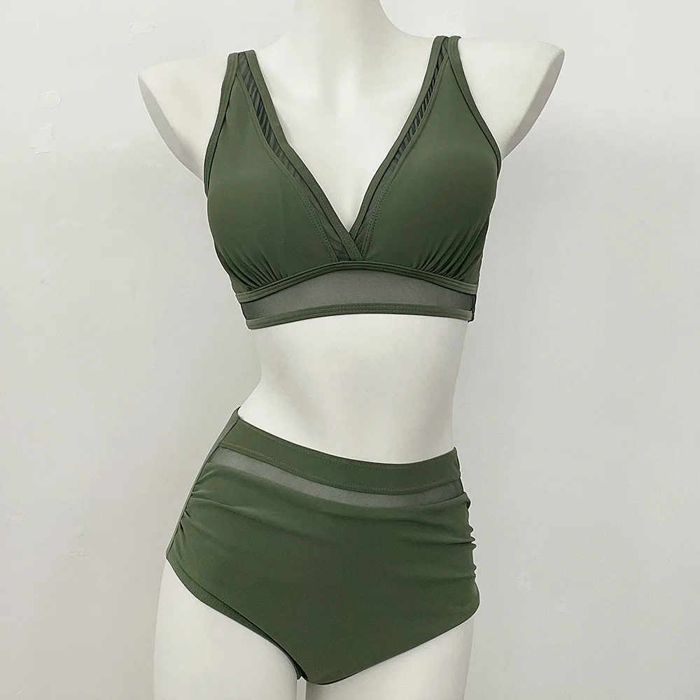 Women's Bikini Sets Two Piece Swimsuit High Waisted V Neck Solid Color Sexy Swimwear Bathing Suit