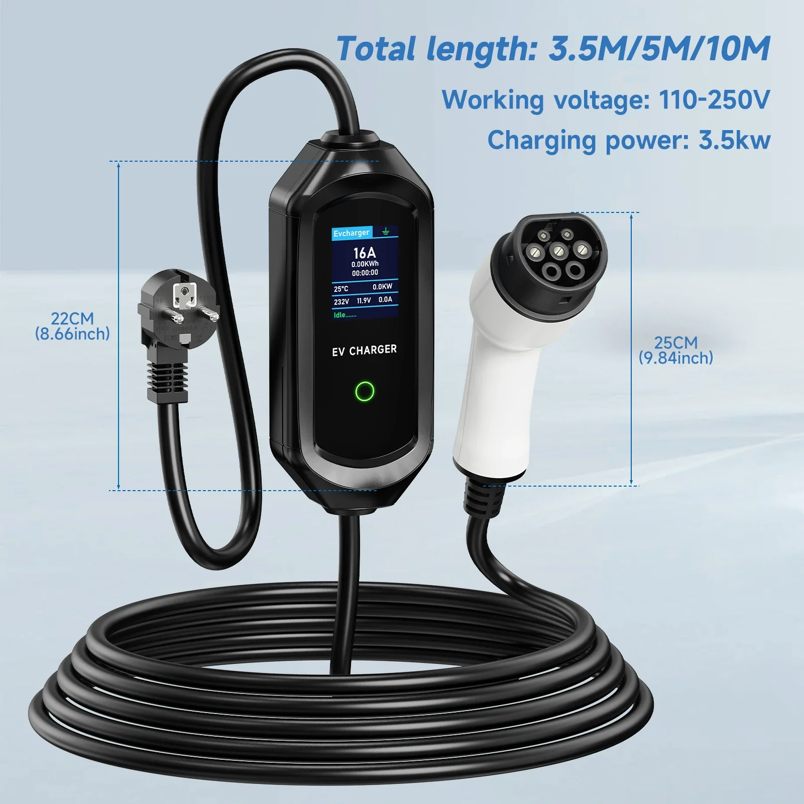 Portable EV Charger 3.5KW Type1 SAE J1772 EVSE Fast Charging Cable 16A GB/T EU Plug Type2 IEC62196-2 Wallbox for Electric Car