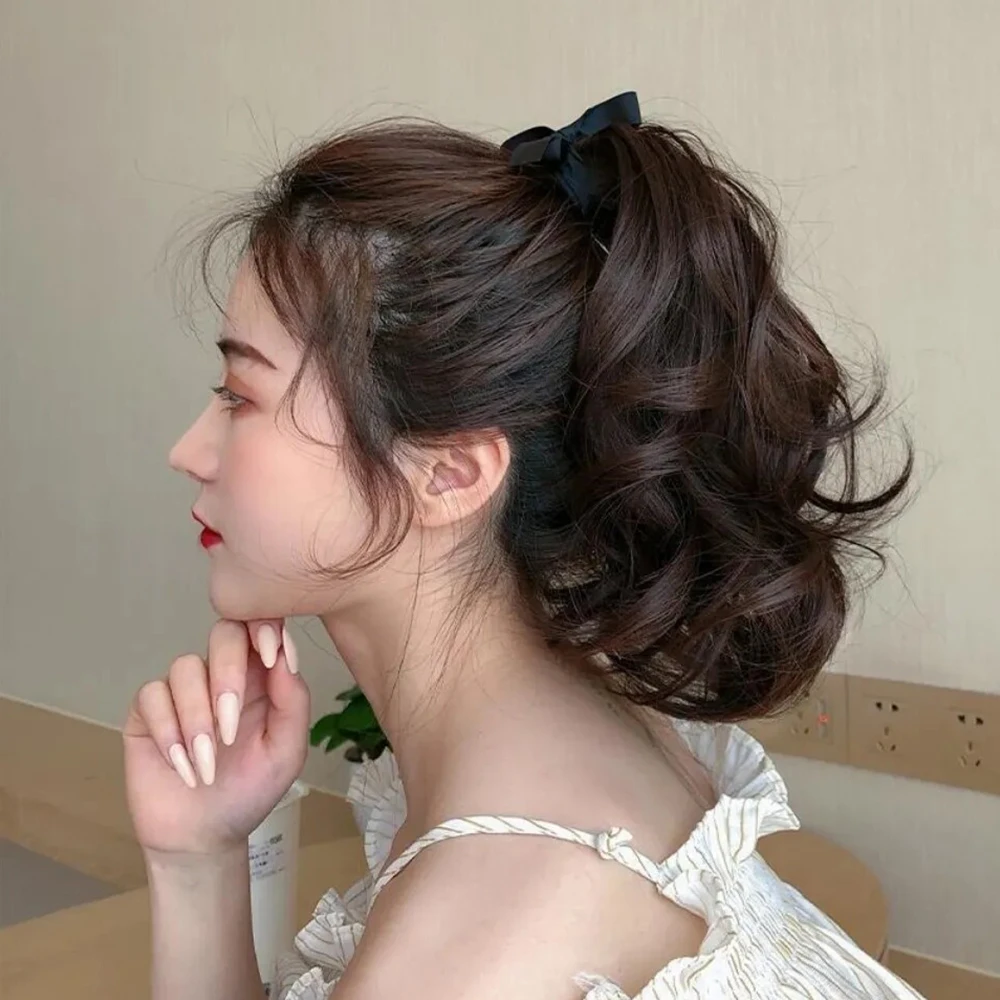 10Inch Synthetic Short Curly Ponytail Drawstring Wrap Around Clip in Hair Extension Black Brown Hairpeice for Women