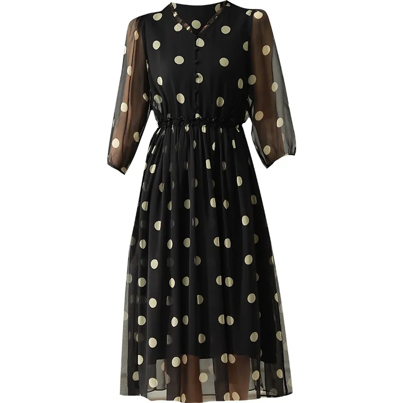 EVNISI الخامس الرقبة عالية الخصر ألف خط تنورة أنيقة لطيف فستان طويل جولة نقطة فانوس كم الشيفون الطباعة موضة جديدة