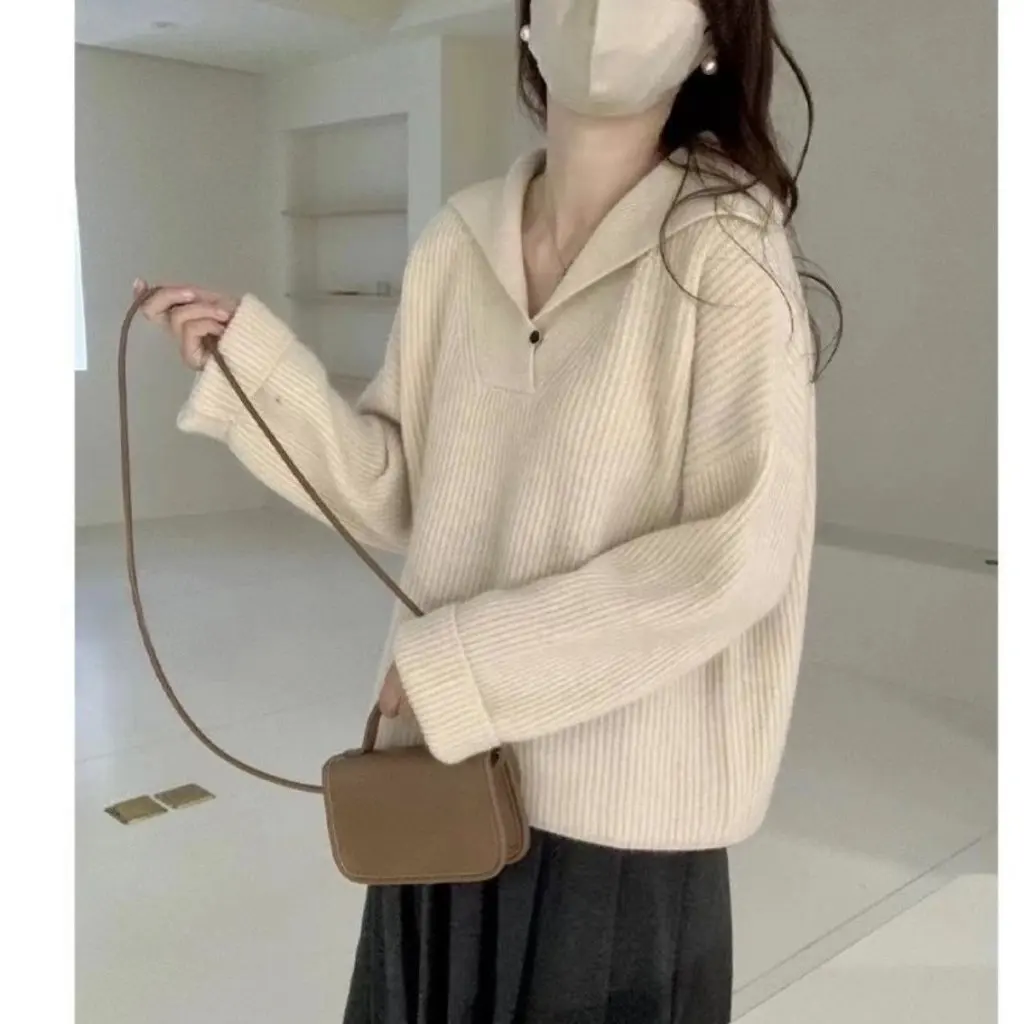 

Kaning Women's Lapel Pit Pullover Sweater Autumn Gentle Lazy Style Design Ladies' Open Cardigan Top