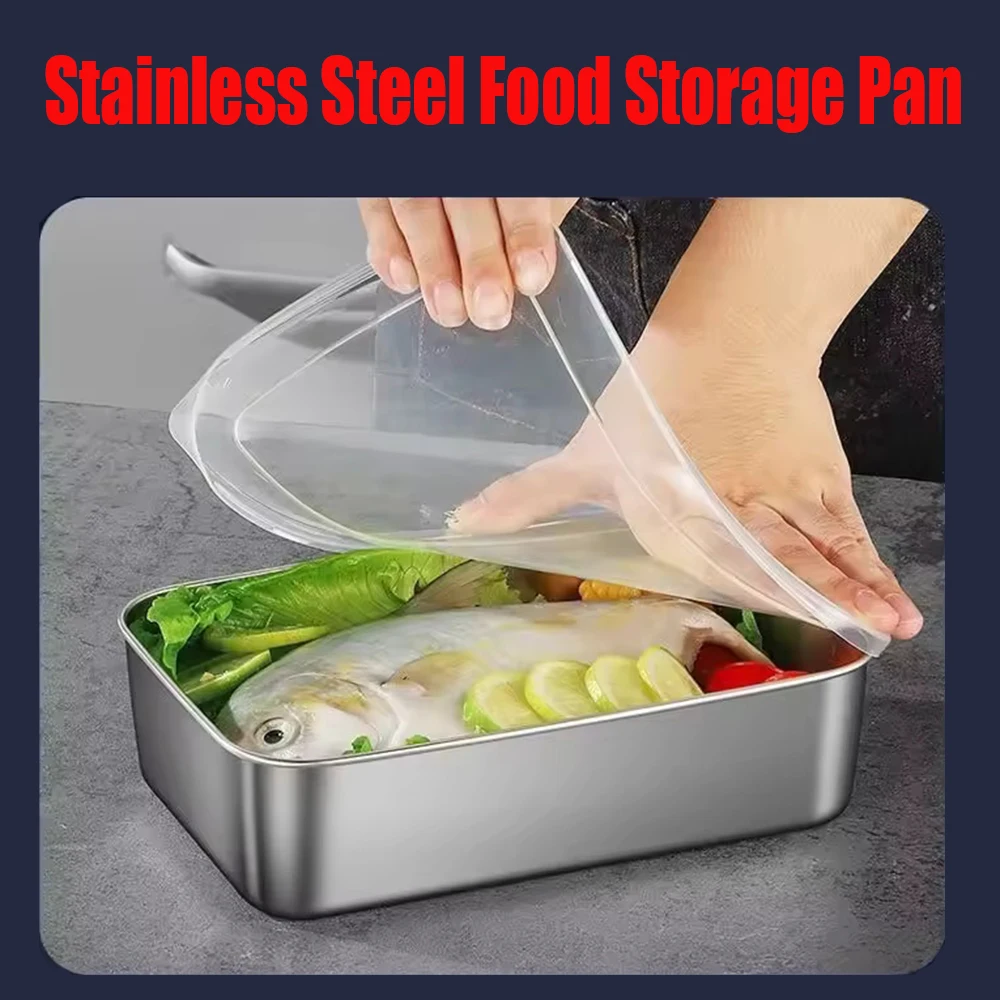Thickened Square Plate Stainless Steel Rectangular Food Storage Pan With Lid Commercial Dish Tray Freshing Lunch Box Container