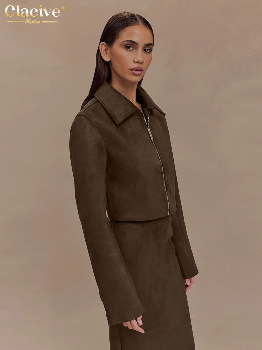Clacive moda solta marrom 2 peças conjunto para mulher 2025 elegante camisa de manga longa com cintura alta saia longa conjunto roupas femininas