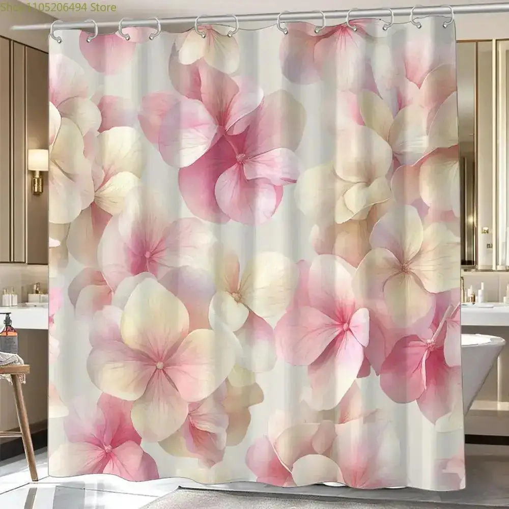 Pink Hydrangea Flower Shower Curtain Machine Washable All Season Waterproof Privacy Protection Romantic Design Elegant 12hooks