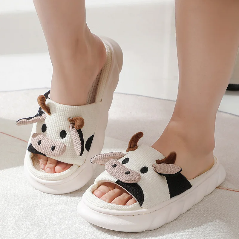 Lovely Women Cartoon Cow Linen Slippers Four Seasons Men Cotton Hemp Slippers Soft Thick Sole Couple Comfortable Home Slippers