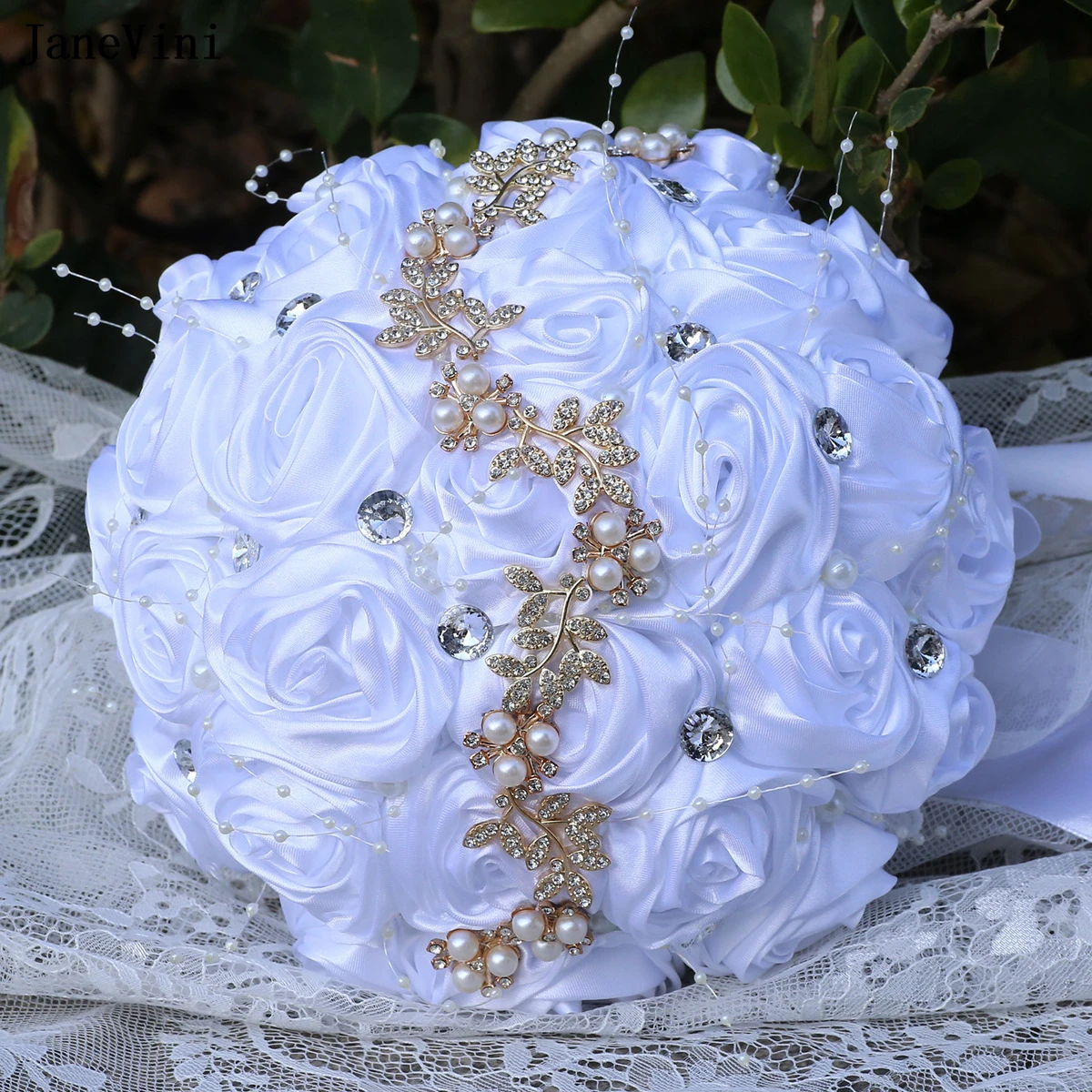 

JaneVini Customized Elegant White Korean Bridal Bouquets Artificial Satin Roses Crystal Bride Bridesmaid Wedding Flowers Bouquet