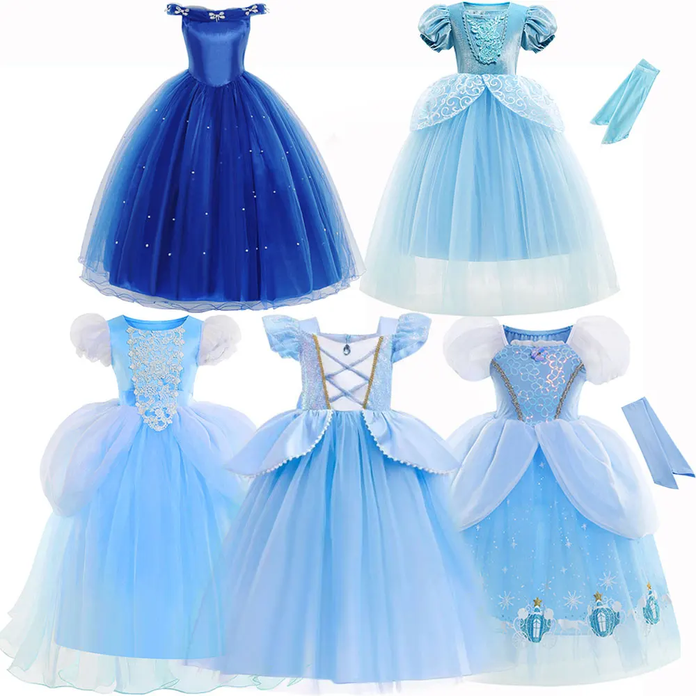 Disney Cinderella Princess Dress Baby Cosplay Costume Blue Clothes Girls Sequins Dress Birthday Party Ball Gown 2-10 Years