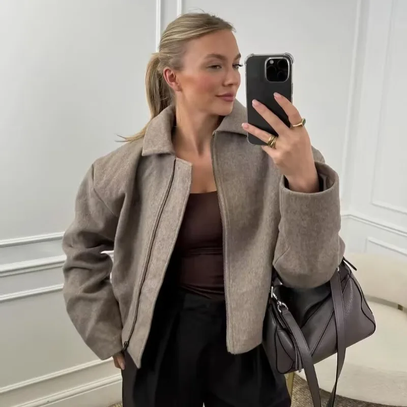 

Women's Clothing Spring Autumn Bomber Jacket New Fashionable Turn-down Collar Fitted Waist Pleats Zipper Jacket Coat Top Coats