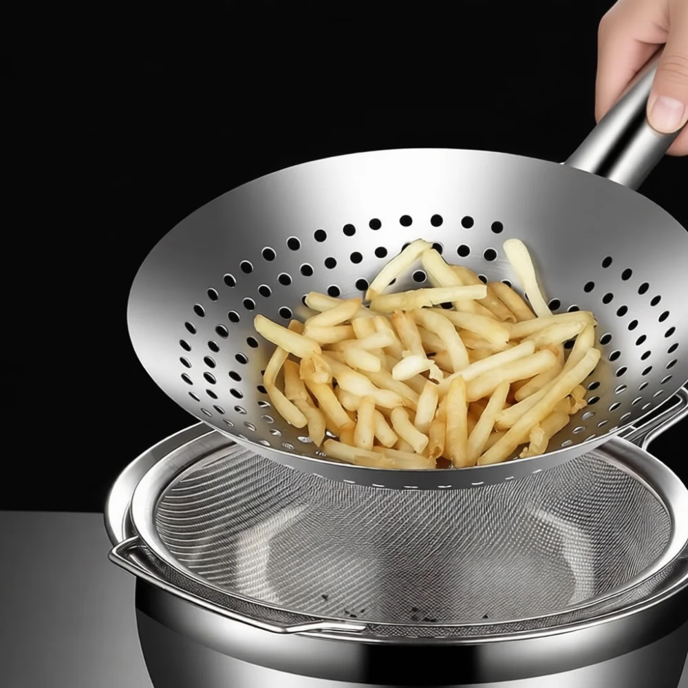 Industrial Grade 304 Stainless Steel Colander Durable Large Mesh Strainer For Efficient Food Draining And Deep Frying