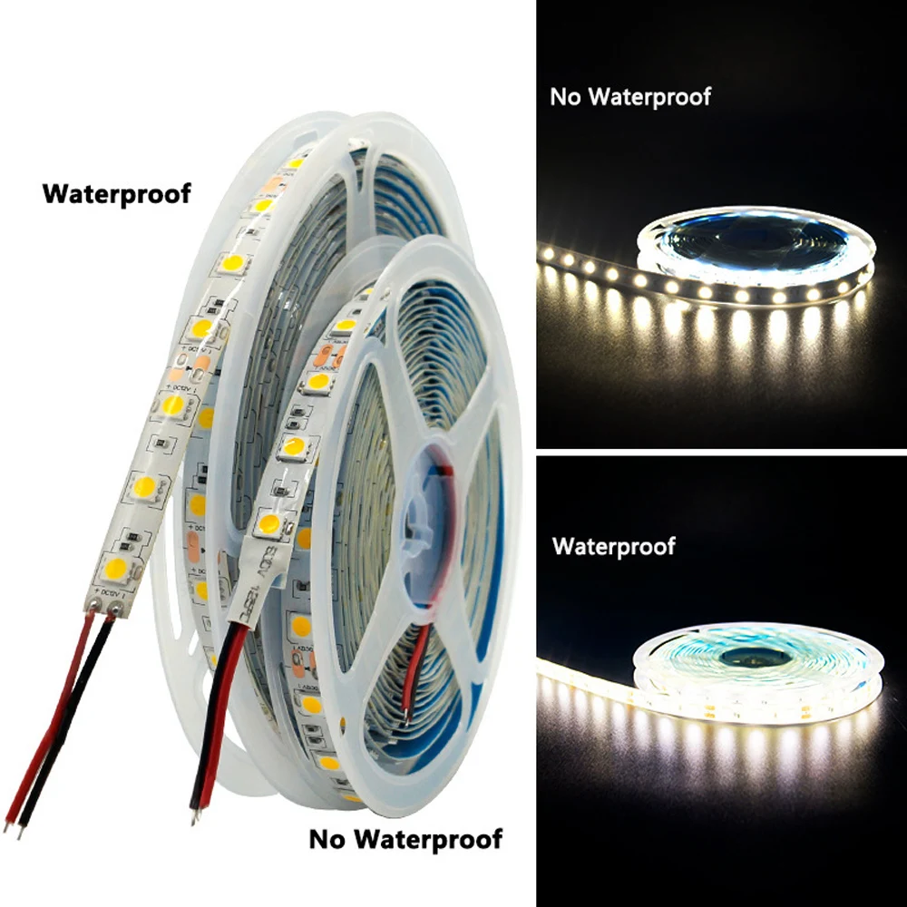 Tira de luces LED SMD 5050, 5V, 12V, 24V, 60LEDs/m, Flexible, IP20, IP65, cinta LED impermeable, RGB, RGBW, Blanco cálido