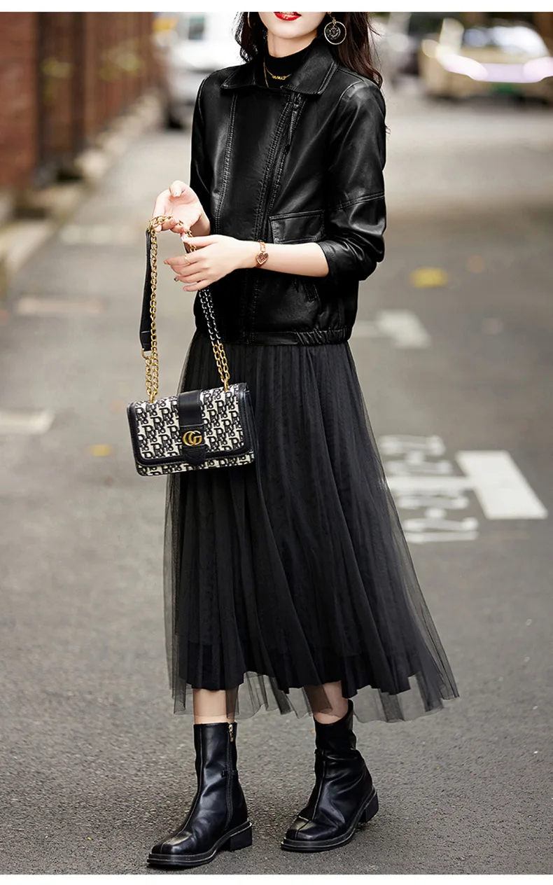 Jaqueta Streetwear com Zíper, Casaco Curto Feminino de Couro Sintético PU com Gola Dobrável, Coleção Outono Inverno NOVO 2026, Ideal para o Trabalho