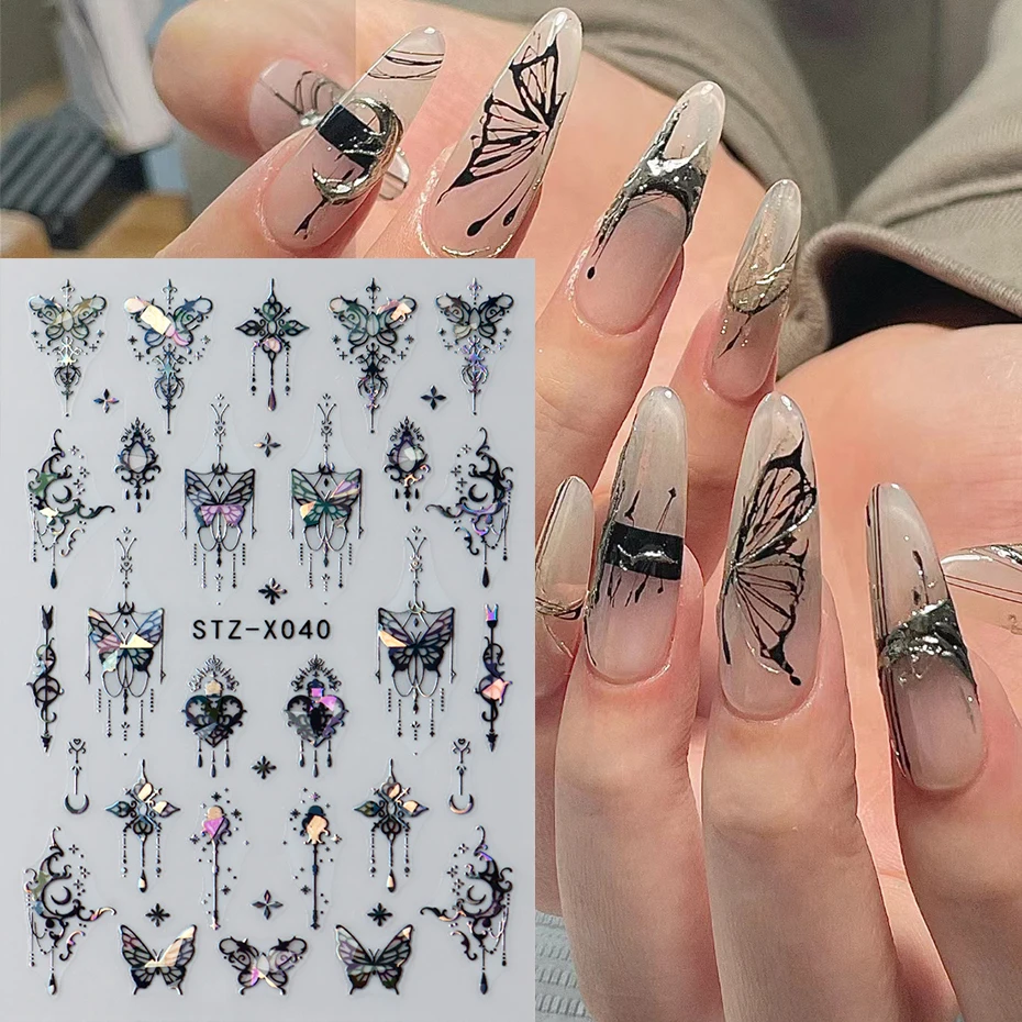 Black White Butterfly Laser Nail Stickers Y2K Nail Art Decoration Abstract Metal Lines Bronzing Lace Flowers Stickers For Nails image 3
