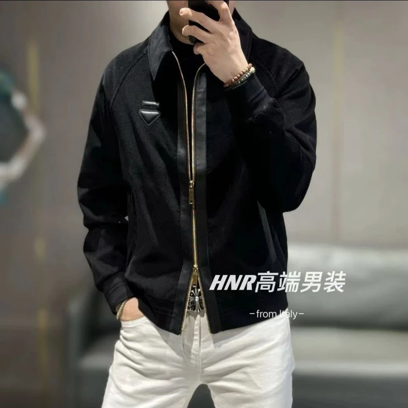 New Product Launch Splicing Inverted Triangle Chest Logo New High End Men's Fashion and Leisure Versatile Jacket and Coat