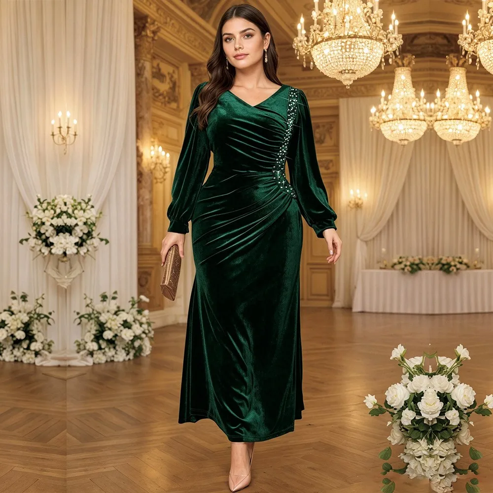 Long Dress V Neckline with Back Zipper and Lantern Sleeves Maxi Length a Line Skirt Chic Elegant Style Evening Dress for Women