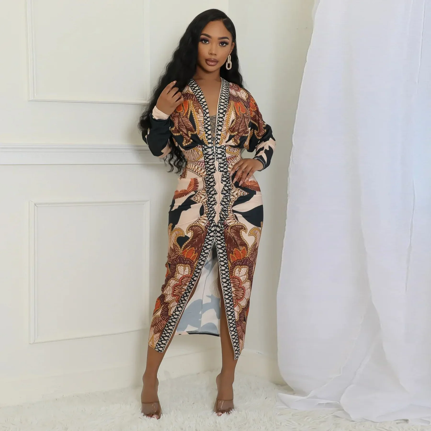 Elegant V-neck Ruched Stacked Midi Dress Women Full Sleeve Side Slit Print Bodycon Night Club Party Bandage Dresses Vestidos