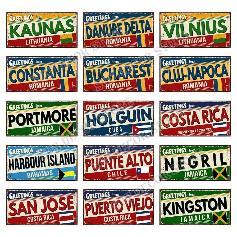 Negril Nassau Santiago Romania Greetings From City Car License Plate Vintage Metal Tin Sign Home Decor Wall Art 6x12Inch KL-0556