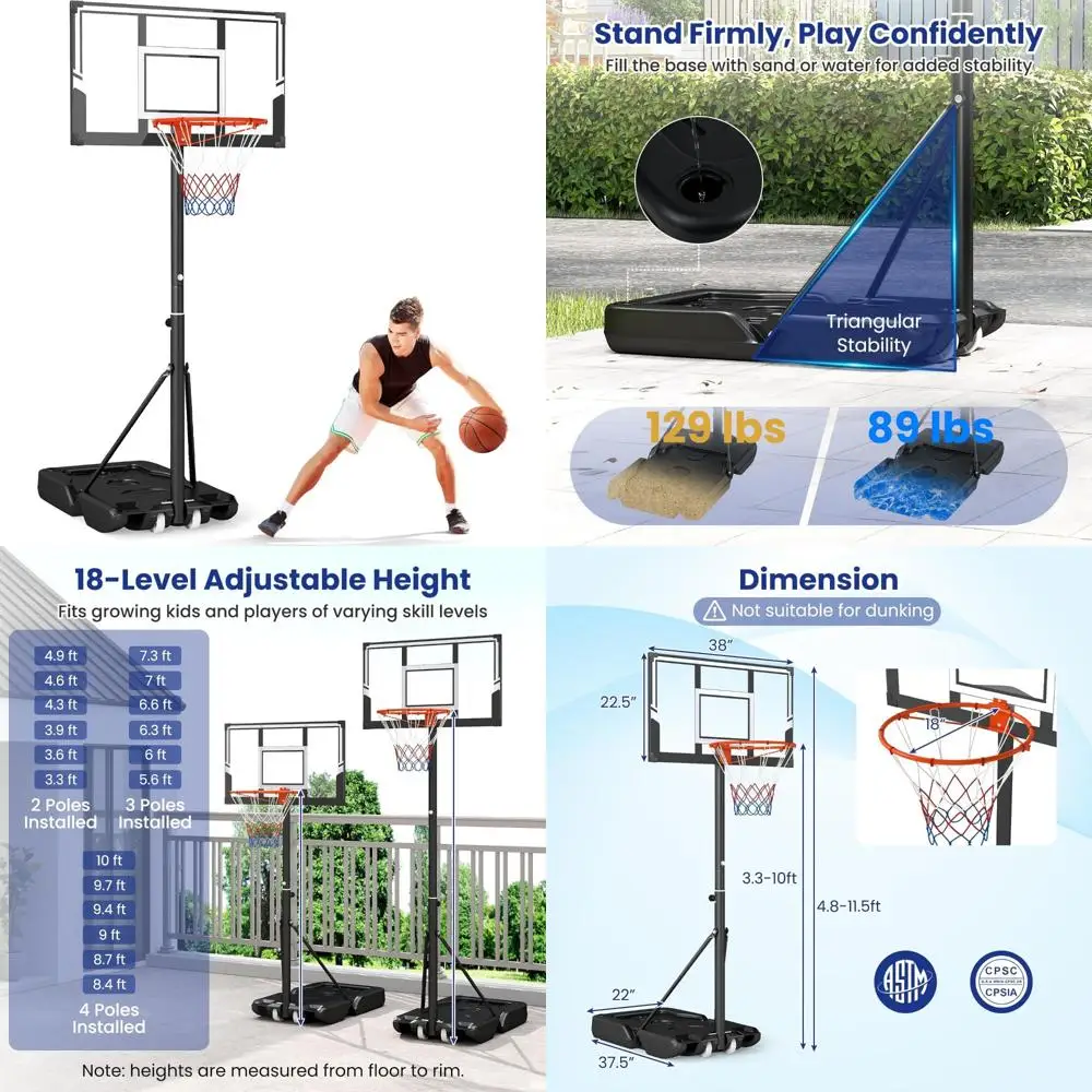 Sistem Bola Basket Luar Ruangan Portabel, Tinggi Gawang Dapat Disesuaikan 3.3-7FT hingga 10FT dengan Papan Pantul Anti Pecah dan Roda untuk Kemudahan Bergerak