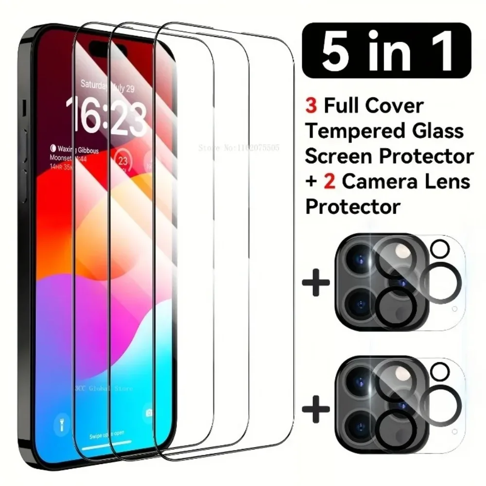 5 In 1 Full Cover Tempered Glass Screen Protector And Camera Lens Protecotr For IPhone 15 14 13 12 11 Pro Max Glass Protector