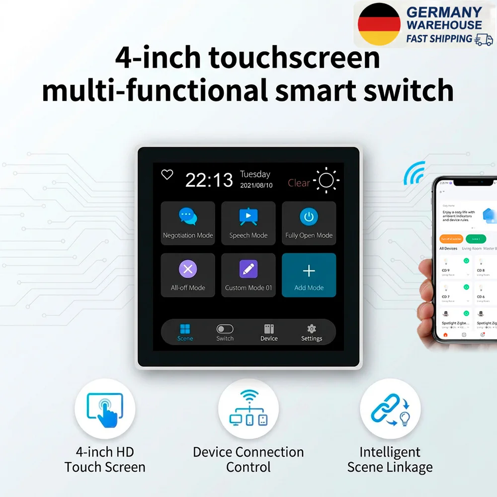 Pannello di Controllo Scene T3E, Interruttore Intelligente Zigbee con Schermo Touch da 4 Pollici, Interruttore da Parete Multifunzionale Smart