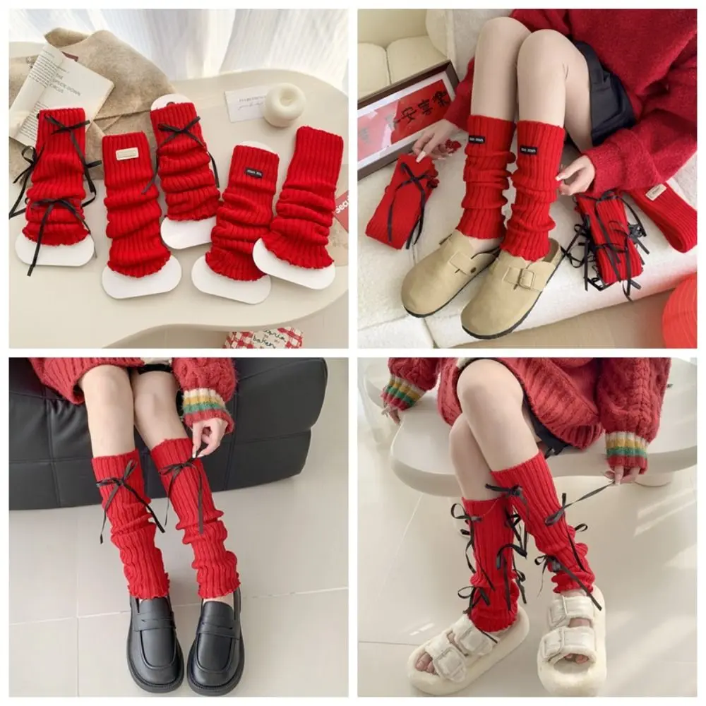 Chaussettes rouges japonaises mignonnes avec nœud papillon, poignets de botte, ballet Lolita, Noël, genou, Y2K, chaud, jambe, nouvel an