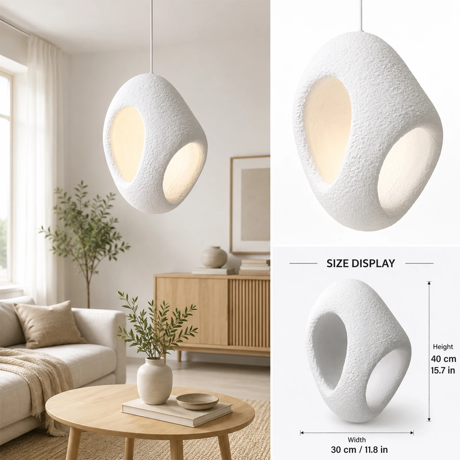 White Textured Lamp Shade, Egg Oval, Hollow Cutout, Pendant Light Cover, Minimalist Wabi Decor