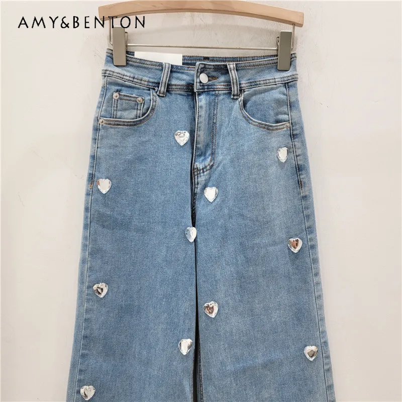 High-Grade Heavy Industry Heart Rhinestone Jeans Women American Retro High Street High Waisted Jeans Hot Girl Y2K Wide-Leg Pants