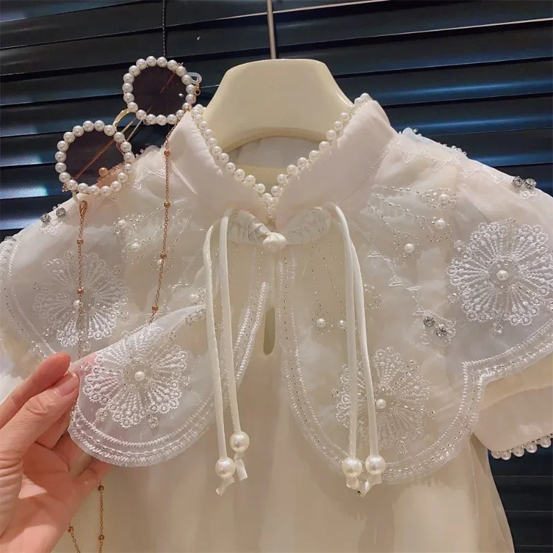 

Sweet Summer Girls Princess Cheongsam Dress Children Kids Baby Fashion Short Sleeve Lace Beaded Qipao Dresses Vestidos