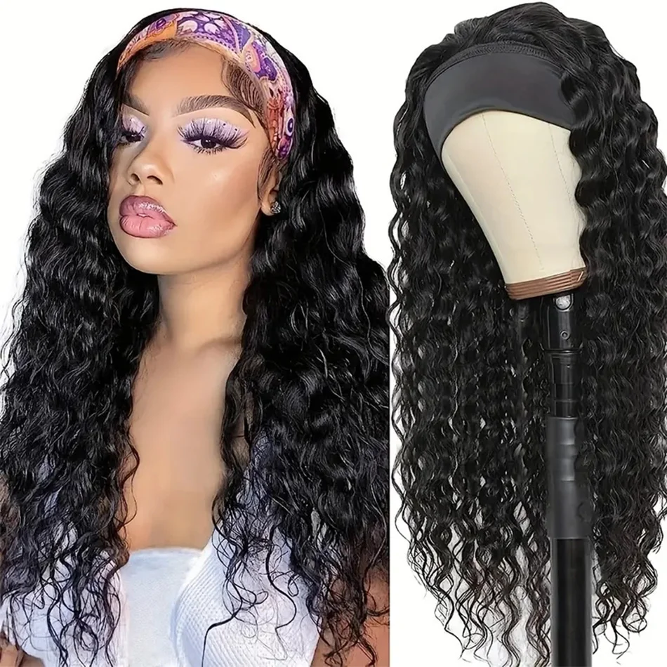 Headband Wig Human Hair Water Wave For Women Pure Brazilian Hair 180% Density Natural Black Color 18-32 Inch Machine Made Remy