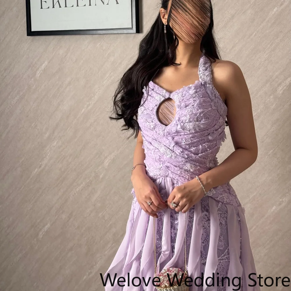 Customized Fresh Lilac Formal Evening Dress Halter Neck Front Keyhole Ruched Lace Bodice Multi-Layer Waterfall Ruffle